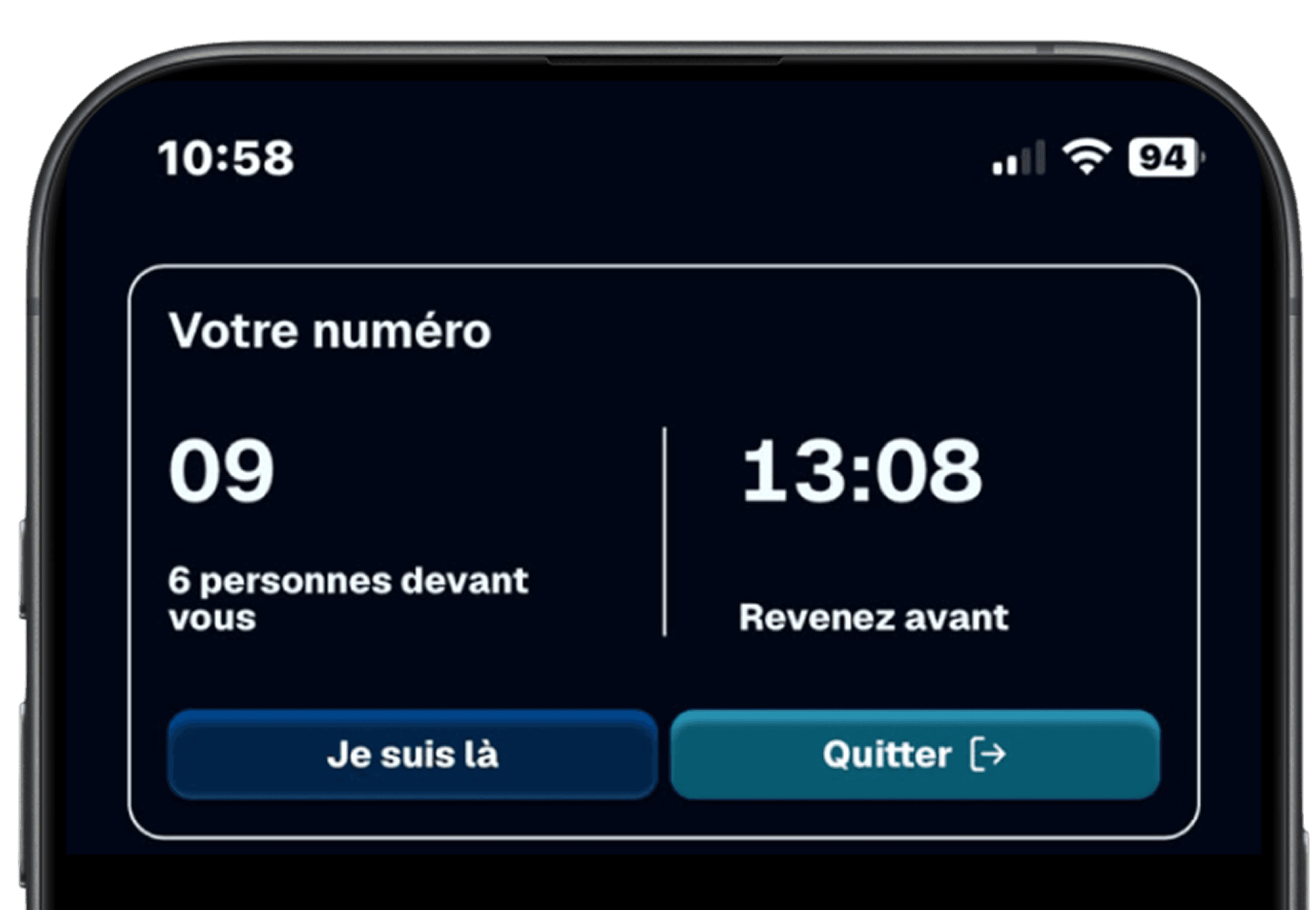 Le téléphone d'un patient affichant son numéro, 09, les six personnes devant lui et l'heure de retour, 13:08