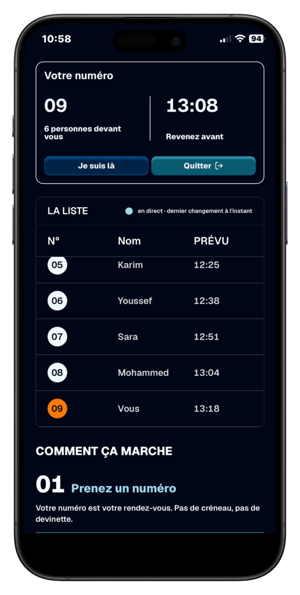 La page patient Rondivo sur un téléphone : son numéro, l'heure de retour et la liste d'attente en direct